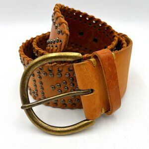 Vintage Wide Studded Rhinestone Leather Belt‎ Chunky Metal Buckle Size L …